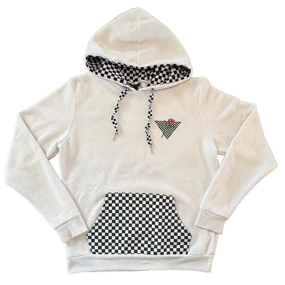 Rue21 Hoodie Womens S White Checkered Pocket Rose Graphic Skater